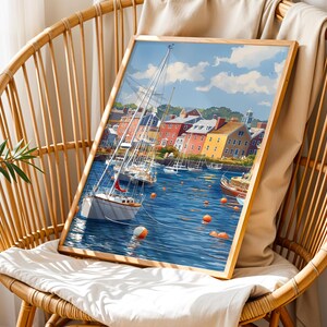 May include: A framed art print depicting a harbor scene with sailboats and colorful buildings. The artwork features a bright blue sky with fluffy clouds, and the water is a deep blue. The frame is a light wood color.