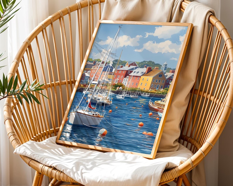 May include: A framed art print depicting a harbor scene with sailboats and colorful buildings. The artwork features a bright blue sky with fluffy clouds, and the water is a deep blue. The frame is a light wood color.
