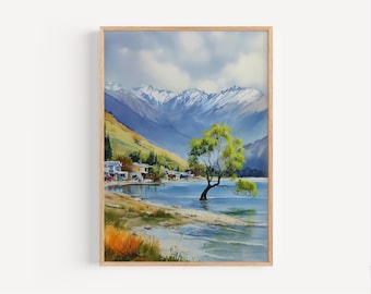 Wanaka Watercolor Painting Print, Wanaka Poster or Canvas Print, Wanaka New Zealand South Island Wall Decor, Otago Region NZ Print