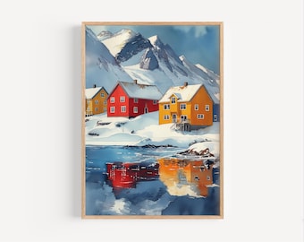 Svalbard Watercolor Painting, Svalbard Norway Poster or Canvas Print, Rural Norway Wall Art, Svalbard Island Travel Gift, Svalbard Print