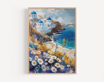 Fleurs sauvages à Santorin, Grèce, aquarelle, fleurs des îles de la Méditerranée grecques, affiche d'art mural ou impression sur toile, cadeau d'art mural floral