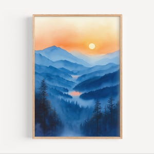 Blue Ridge Mountains Muted Watercolor Painting, Blue Ridge Mountains Poster or Canvas Print, Appalachian Wall Art Gift, Soft Blue Tones Art