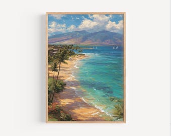 Ka'anapali Strand Ölgemälde Druck, Kaanapali Strand Maui Wand Kunst Poster oder Leinwand Druck, Maui Hawaii Küste Reise Ölfarbe Stil Geschenk