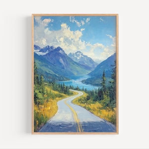 Könnte beinhalten: Gerahmtes Landschaftsgemälde, das eine kurvenreiche Straße durch ein Tal zu einem See und Bergen zeigt. Der Himmel ist blau mit weißen Wolken. Die Straße hat gelbe Linien, und die Landschaft ist grün und gelb.