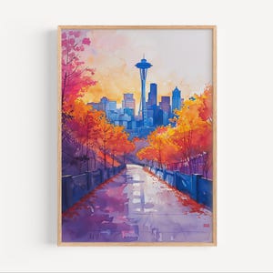 Setattle Stadt Bild Aquarell Malerei Space Needle Washington State Reise Poster Druck oder Leinwand, Amerika Herbst Wand Kunst Geschenk USA Souvenir