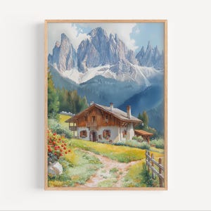 Dolomites Italy Watercolor Painting, Dolomites Mountain Cabin Wall Art Poster or Canvas Print Italian Alpine Landscape Travel Gift Rural Hut