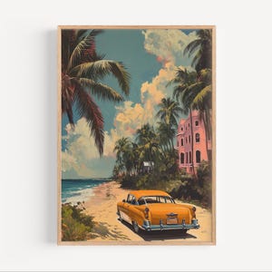 Pintura al óleo de un coche en Miami, Florida, de los años 50, impresión giclée, póster o lienzo de viaje retro de Florida, regalo de arte mural de coche en la playa de Florida, estilo pintura al óleo