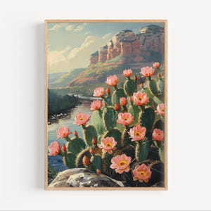 Kaktus Blumen in Sedona Wüste Öl Malerei, Arizona Red Rock Desert Mountains USA Poster oder Leinwand Druck, Ölfarbe Stil Floral Kunst Geschenk