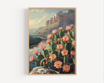 Cactus Flowers in Sedona Desert Oil Painting, Arizona Red Rock Desert Mountains USA Poster or Canvas Print, Oil Paint Style Floral Art Gift