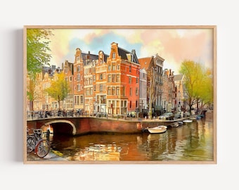 Pintura em aquarela da paisagem de Amsterdã, pôster ou tela impressa de Amsterdã, decoração de parede de Amsterdã, Holanda, arte de parede holandesa, impressão da Holanda