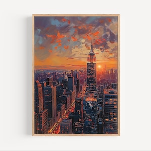 New York City Empire State Building Abstract Oil Painting, NYC Sunset Wall Art Poster Print or Canvas Cityscape Travel Decor City Art Gift