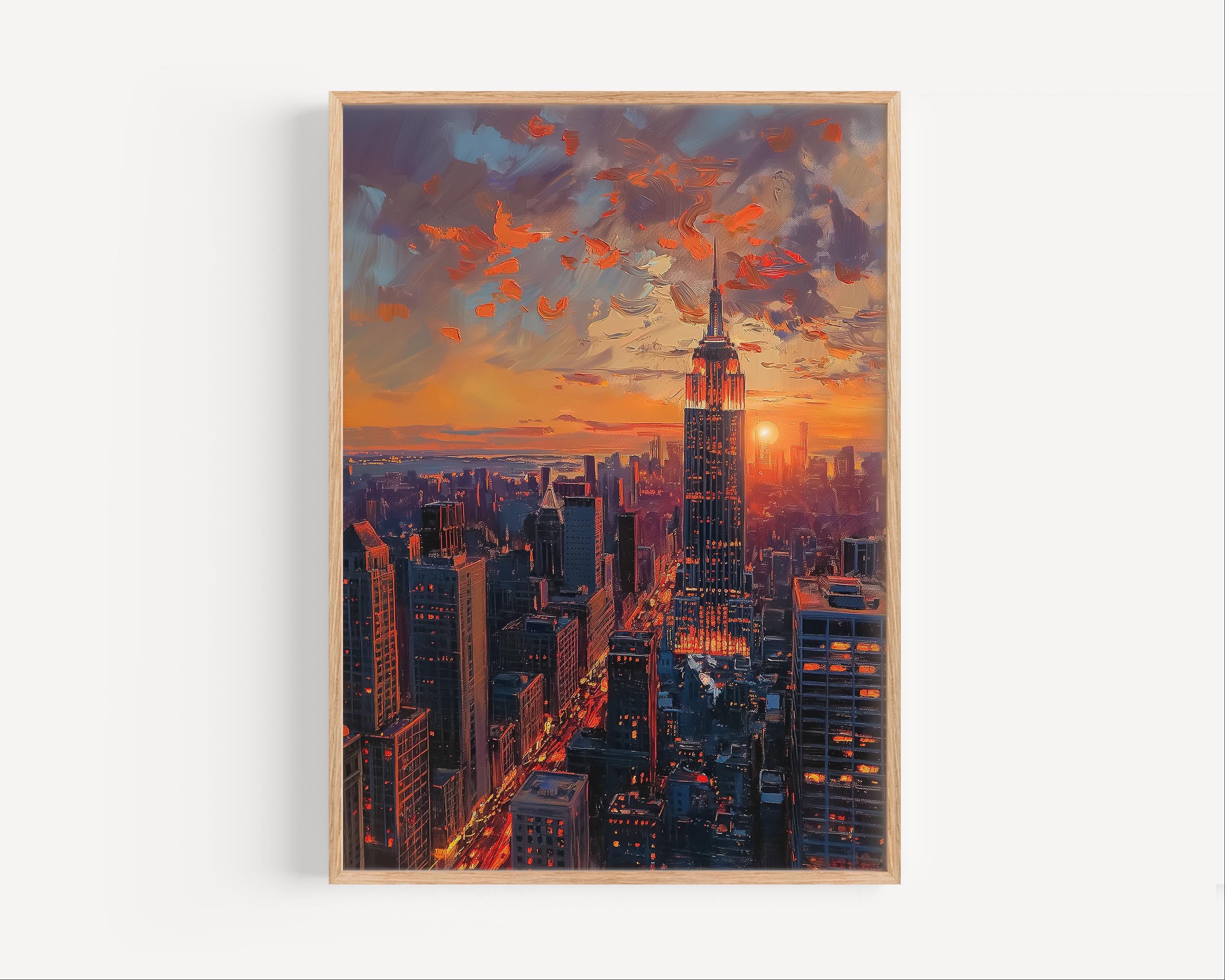 吉岡耕ニ　油彩empire state Bd New York City Empire State Building Abstract Sunset Oil Painting