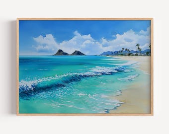 カイルア・ハワイビーチ風景油絵プリント、ハワイアンビーチウォール 