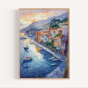 Pintura de acuarela de Villefranche-sur-Mer, póster de viaje junto al mar de la región de Francia d'Azur, Europa, impresión o lienzo, arte de pared del océano francés, regalo Mer