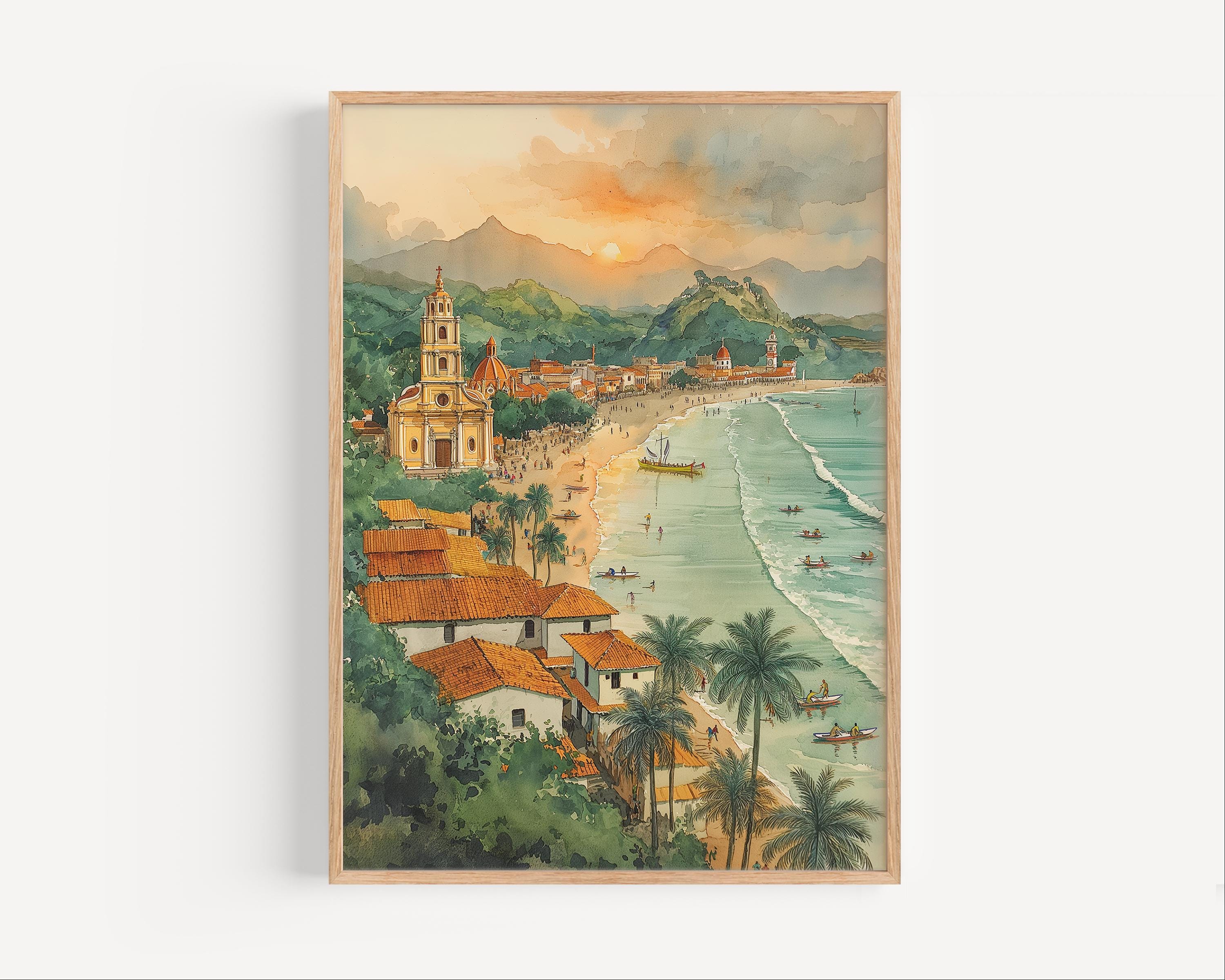 El Salvador Watercolor Beach Painting, Retro Style Wall Art Poster