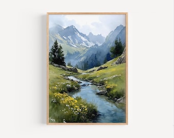 山の風景 水彩画　美馬牛 スイスアルプスの水彩画：牧草地の牛の風景画 - Etsy 日本