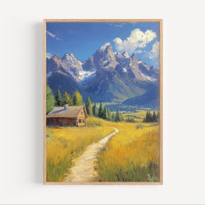Grand Teton National Park Oil Painting, Wyoming Travel Poster or Canvas Print, Grand Teton Wall Art Gift Wyoming Mountains, Oil Paint Style