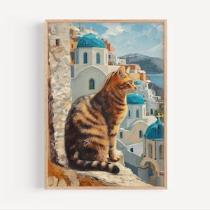 Stray Cat in Santorini Greece Oil Painting, Greek Island Cute Animal Wall Art Poster or Canvas Print, Cat Wall Decor Gift Oil Paint Style