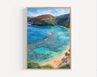 Pintura em aquarela da Baía de Hanauma, Havaí, pôster ou impressão em tela de arte de parede havaiana de Honolulu, presente de viagem para o litoral de Oʻahu, recife de coral havaiano