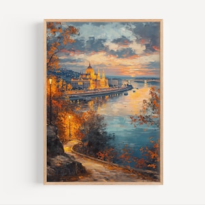 Budapest Hungary Danube River Oil Painting Travel Poster or Canvas Giclée Print Wall Art Gift Retro Cityscape Wall Decor Oil Paint Style