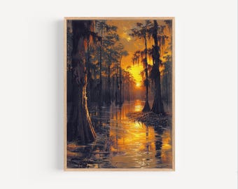 May include: A painting of a swamp scene at sunset. The sun is setting behind tall, slender trees that are reflected in the still water. The water is a golden color, and the trees are silhouetted against the orange sky.