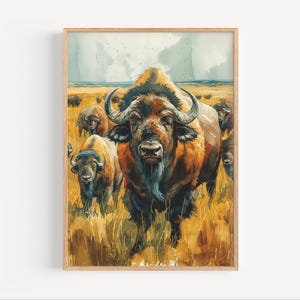 Pintura de acuarela de bisonte americano, póster de vida salvaje del búfalo, impresión o lienzo, obra de arte de viaje, arte de pared de las llanuras americanas, naturaleza de Wyoming, Montana