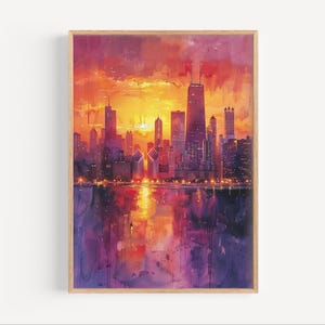 Chicago Skyline at Sunset Watercolor Painting, Wall Art Poster Print or Canvas Artwork, Chicago Windy City America Travel Decor, Art Gift