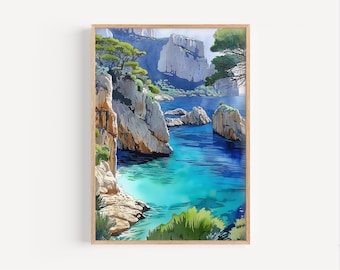 The Calanques France Watercolor Painting, Les Calanques National Park Marseille Travel Poster or Canvas Print, Mediterranean Sea Wall Art