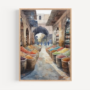 Peinture à l'aquarelle du marché aux épices pakistanais, affiche ou impression sur toile du Pakistan, cadeau d'art mural pakistanais, impression d'art du marché de rue du bazar du Pakistan