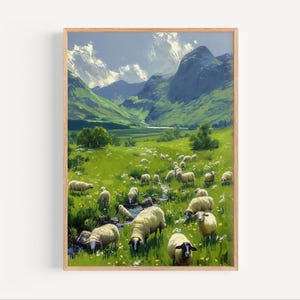 Sheep Grazing in Scottish Highlands Oil Painting, Scotland Mountains Travel Poster or Canvas Print Oil Paint Style Scotland UK Wall Art Gift