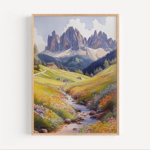 Dolomites Italy Watercolor Painting, Dolomites Mountain Wildflowers Wall Art Poster or Canvas Print, Italian Alpine Landscape Travel Gift