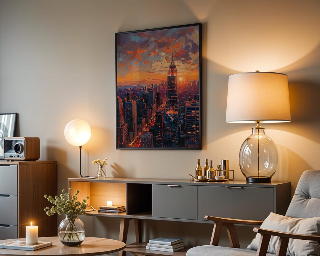 New York City Empire State Building Abstract Sunset Oil Painting Print ...
