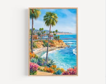 エンシニタス カリフォルニア 水彩画 プリント、エンシニタス ポスター