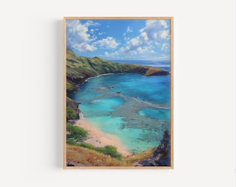 Pintura a óleo da Baía de Hanauma, Havaí, pôster de arte de parede ou impressão em tela havaiana de Honolulu, pintura a óleo para viagem no litoral de Oʻahu, presente