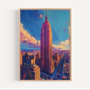 New York City Empire State Building Art Deco Style Painting, NYC Street Art Style Wall Art Poster Print or Canvas Travel Colorful Art Gift