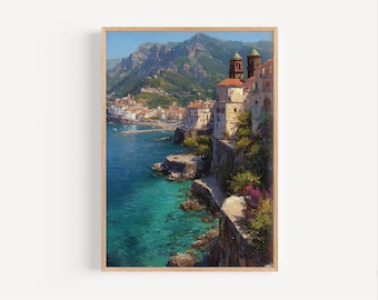 Pintura al óleo de la Costa Amalfitana, póster o impresión en lienzo de la Costa Amalfitana, regalo de arte mural de Sorrento, impresión de póster, pintura al óleo de la Costa Italiana