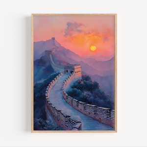 Great Wall of China Watercolor Painting, Great Wall of China Poster or Canvas Print, China Travel Gift Wall Art, China World Wonder Sunset
