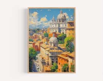 Rome Italy Cityscape Oil Painting, St. Peter's Basilica Travel Poster Print or Canvas Italian Artwork Wall Art Gift Rome Italy Souvenir Gift