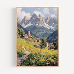 Dolomites Oil Painting, Dolomites Mountain Town Italy Wall Art Poster or Canvas Print, Oil Paint Style Italian Corvara Comune Travel Gift