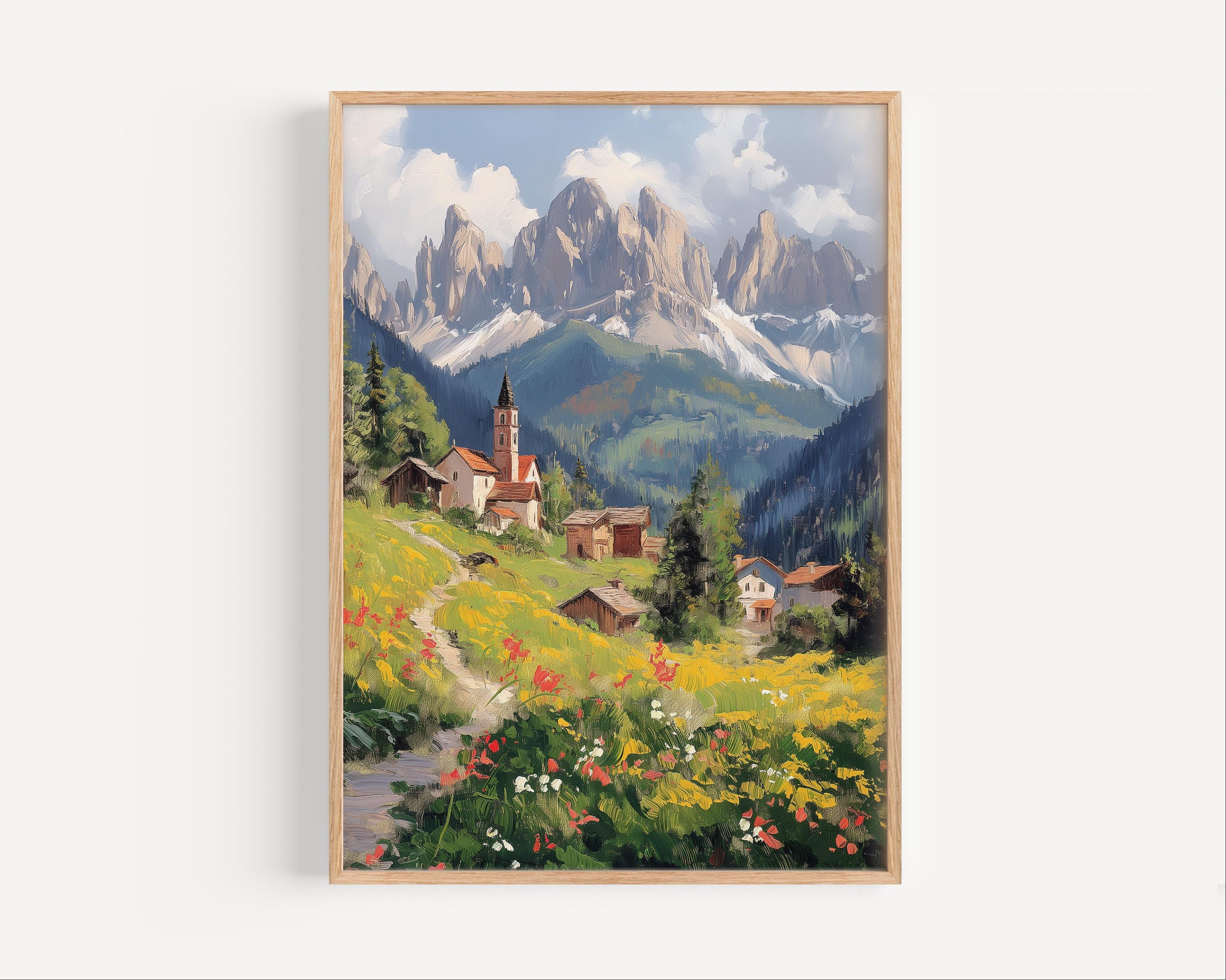 Dolomites Oil Painting, Dolomites Mountain Town Italy Wall Art