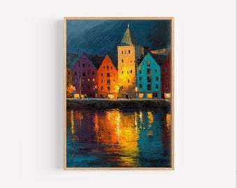 Norway Waterfront Oil Painting, Norway Travel Poster or Canvas Print, Norway Abstract Wall Art Gift, Norway Oil Paint Style Nordic Art Print