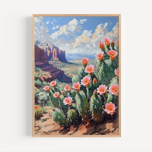 Igel Kaktus Blumen in Sedona Wüste Öl Gemälde, Echinocereus Kakteen USA Wüste Poster oder Leinwand Druck, Ölfarbe Stil Floral Kunst Geschenk