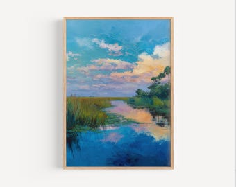 Pintura al óleo impresionista de los Everglades de Florida, póster o lienzo de arte mural de los pantanos de Florida, regalo de viaje a los pantanos de Florida, pintura de los pantanos de EE. UU.