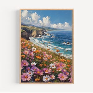 Big Sur Coastline California Oil Painting, California Wall Art Poster Print or Canvas Artwork Watercolour Decor Cali, Coast Wild Flowers