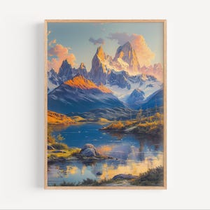 Torres de Paine Chile Oil Painting, Patagonia Mountains Alpine Wall Art Poster Print or Canvas Oil Paint Style South America Travel Gift