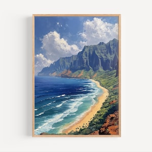 Na Pali Küste Hawaii Ölgemälde, Hawaiianische Insel Kunst Poster oder Leinwand Druck, Kauai Küste Reiseölfarbe Stil Geschenk