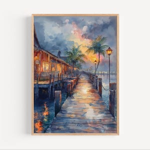 Key West Florida Docks Sunset Watercolor Painting, Florida Keys Seaside Travel Poster Print or Canvas, America FL Wall Art Gift USA Souvenir