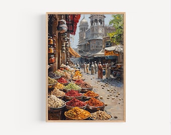 Könnte beinhalten: Gerahmter Kunstdruck einer geschäftigen Marktszene. Das Kunstwerk zeigt eine lebhafte Straße mit Ständen, die mit bunten Gewürzen überfüllt sind. Gebäude mit Bogenfenstern und Kuppeln befinden sich im Hintergrund, und Menschen gehen auf der Straße.