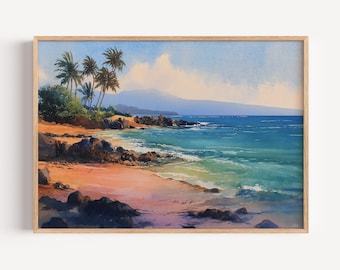 May include: Watercolor painting of a tropical beach scene. The artwork features a sandy shore, turquoise water, palm trees, and a mountain range in the background. The painting is framed in a light wood frame.