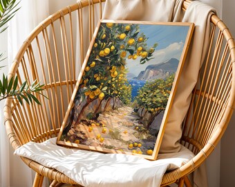 Lemon Trees on Italian Coastline Abstract Oil Painting, Amalfi